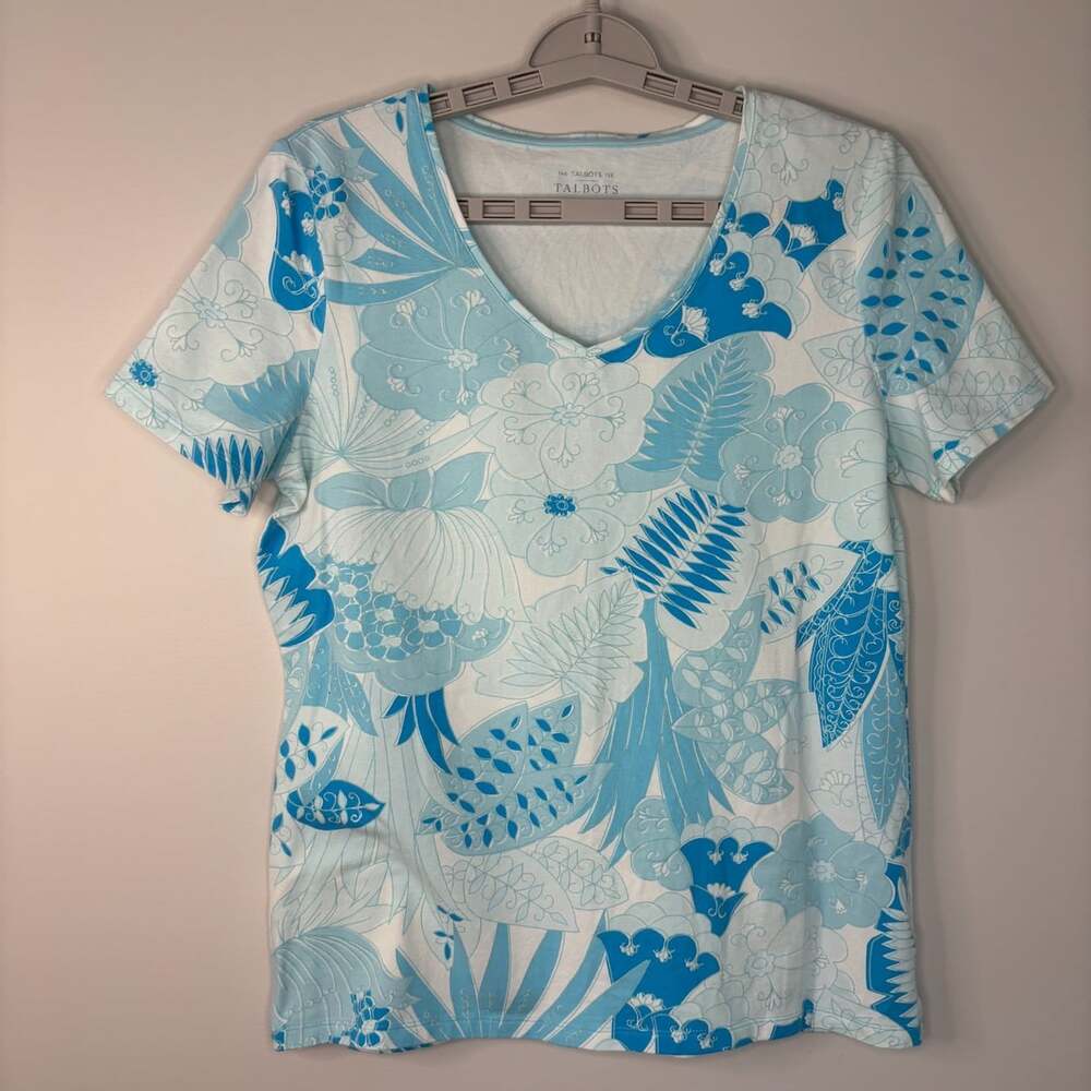 Talbots short sleeve tee womens M blue white floral knit stretch v-neck